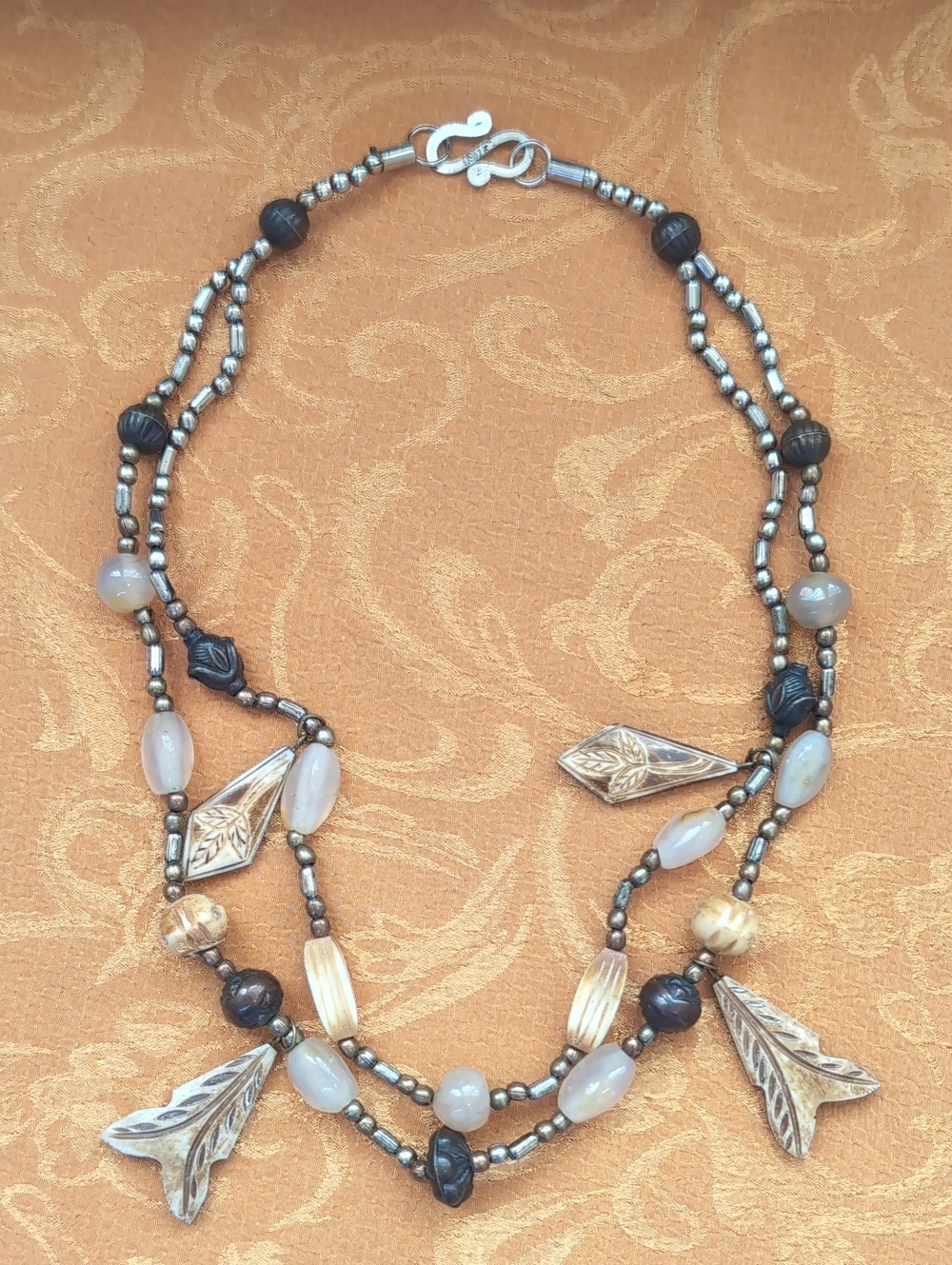 India Boutique Multi-Strand Beaded Necklace in Black, Gray and Cream